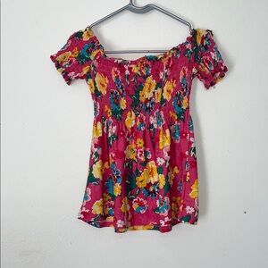 Bobbie Brooks Vibrant Floral Smocked Blouse - Pink and Yellow